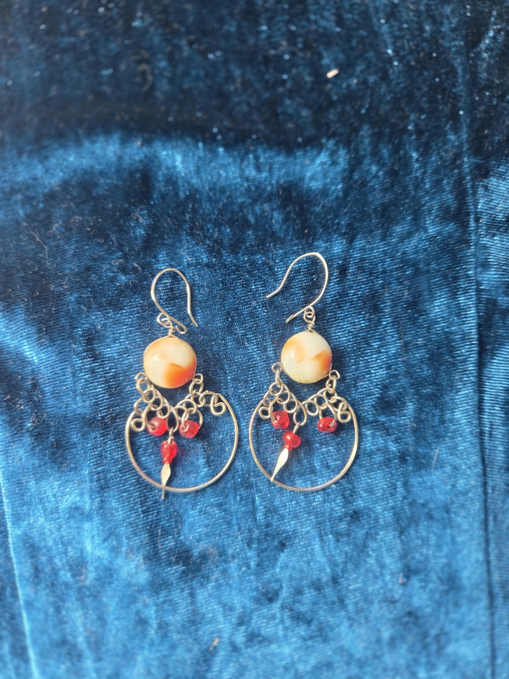 Silver Hoop Drop Earrings with Cream & Red Beads